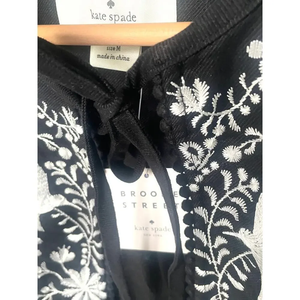 Kate Spade Black Linen Blend Crop Jacket Floral Embroidery Womens Medium